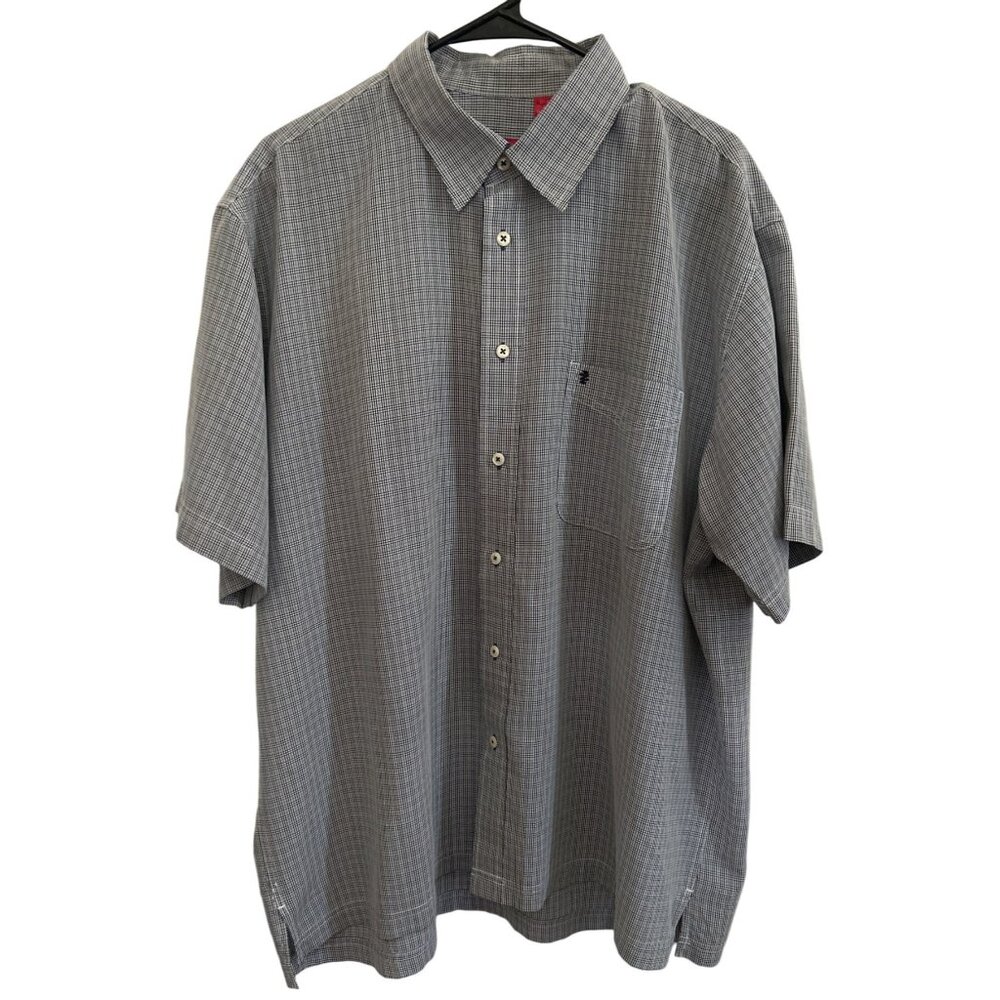 Izod Mens Short Sleeve Button-Up Shirt Gray Plaid Checkered Size XL